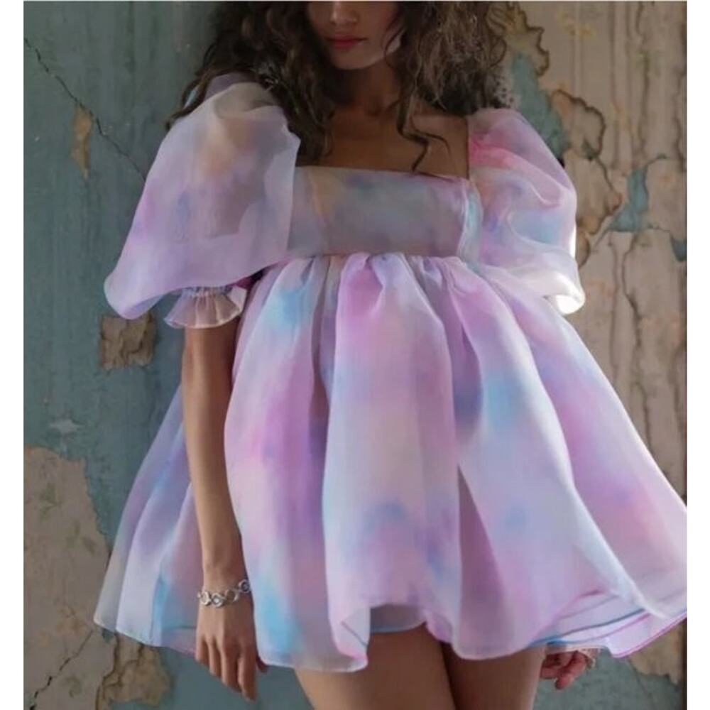SELKIE Sz XXS Morpho Rainbow Watercolor Pastel Puff Dress Mini